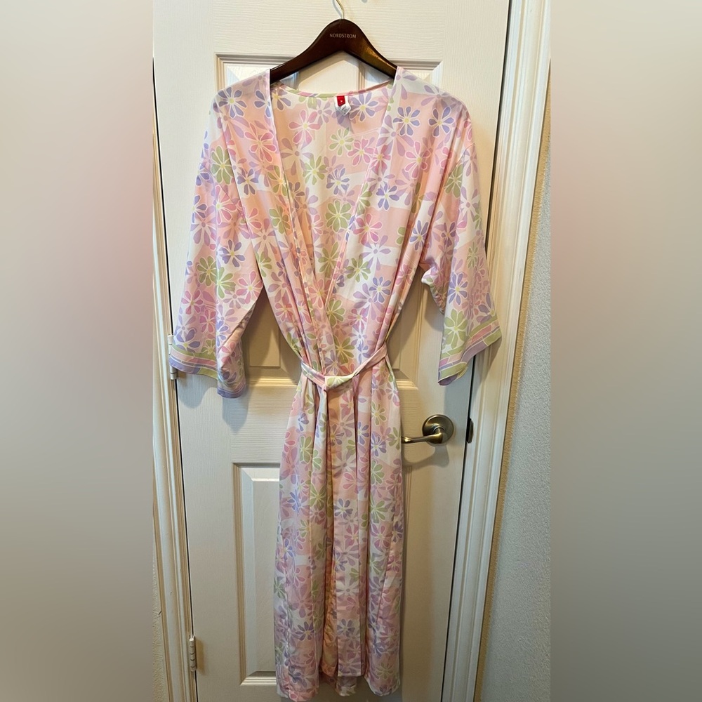 Josie Natori Womens Pink Lavender Floral 3/4 Sleeve Belted Wrap Calf Length Robe